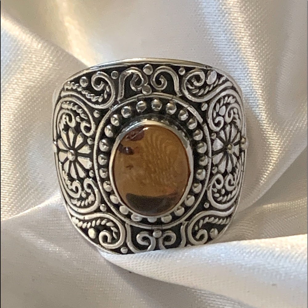 Amber Gemstone Ring Bali Designed And Handmade Set In Sterling Silver